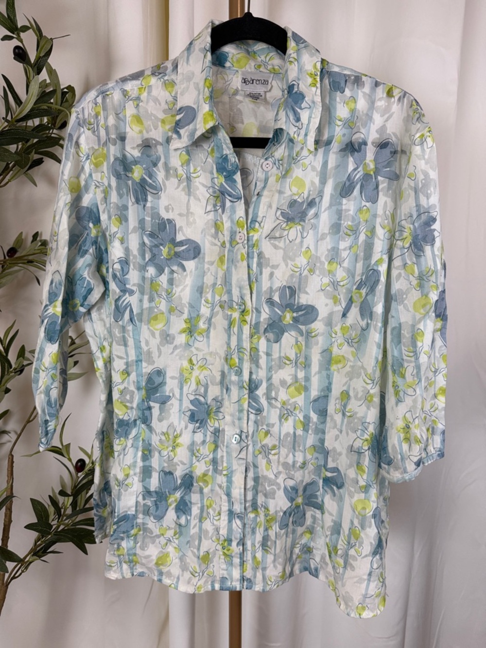 Apparenza Semi Sheer Floral Button Down Blouse - Blue & Lime Sz XL (T6)